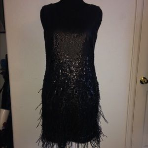 Black sequin v-back dress w/feather trim